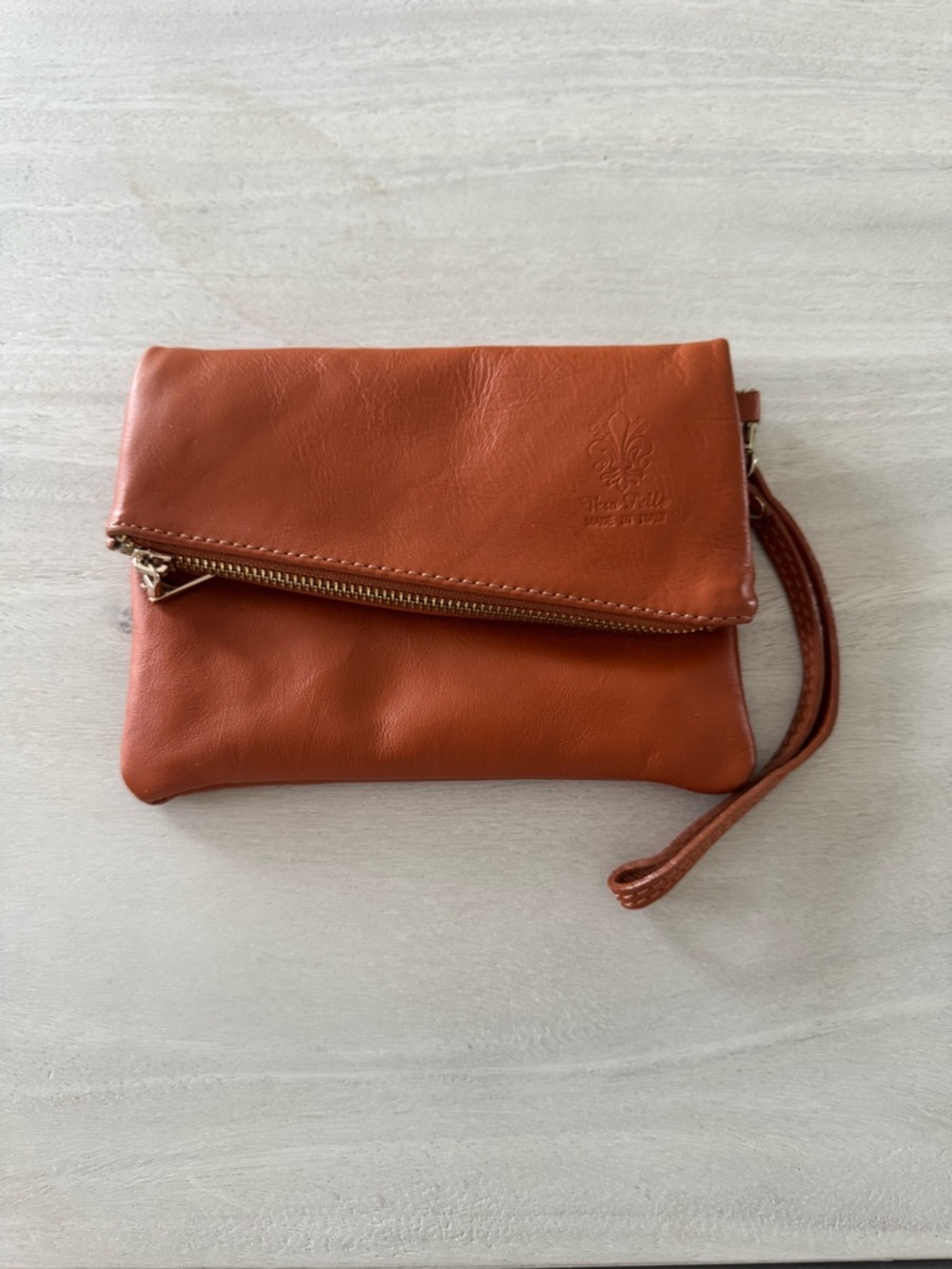 Vintage Vera Pelle Fold-Over Wristlet Clutch in Cognac Luggage Color Leather